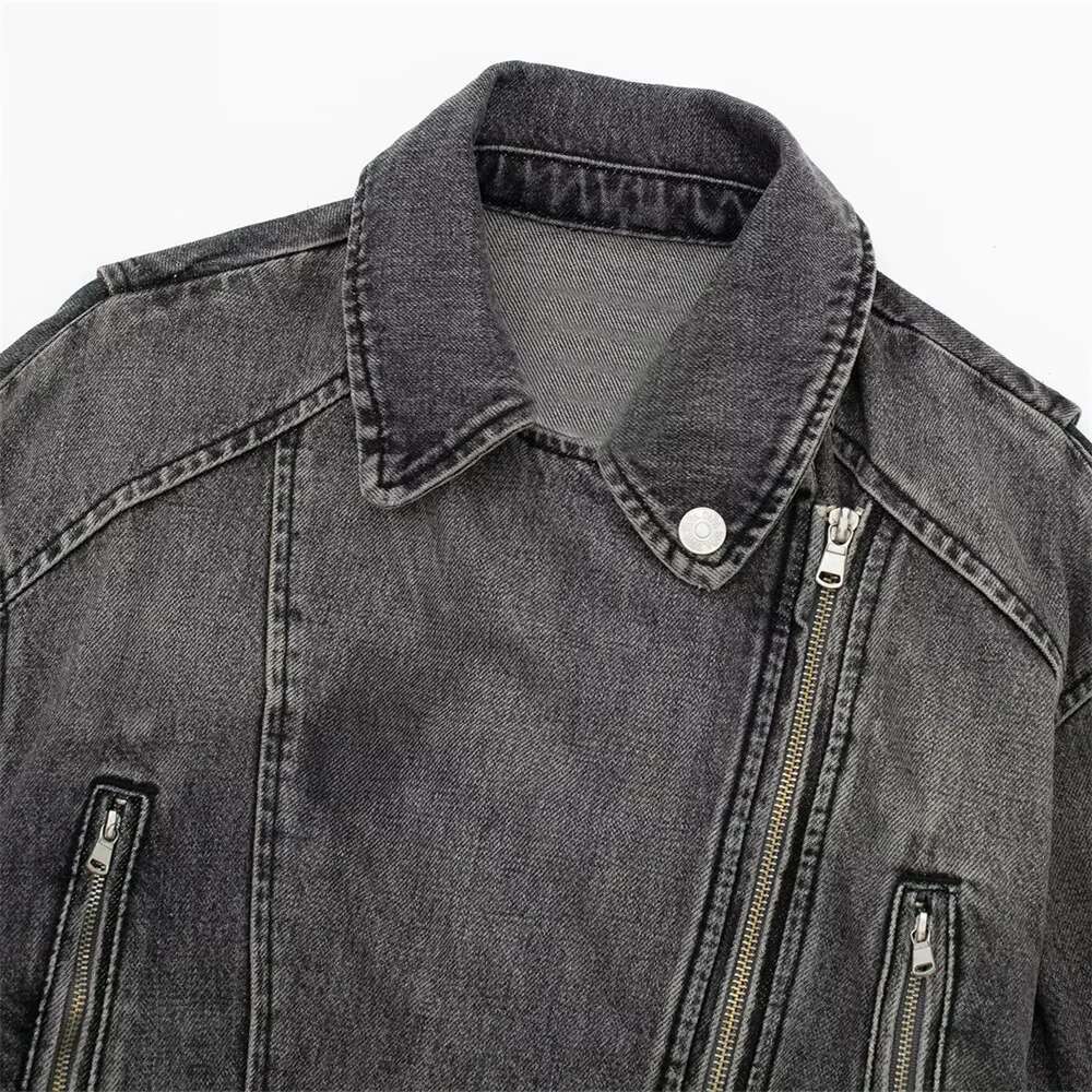 UNIZERA Autumn and Winter New Women's Casual Versatile Polo Neck Motorcycle Loose Belt Denim Jacket Coat