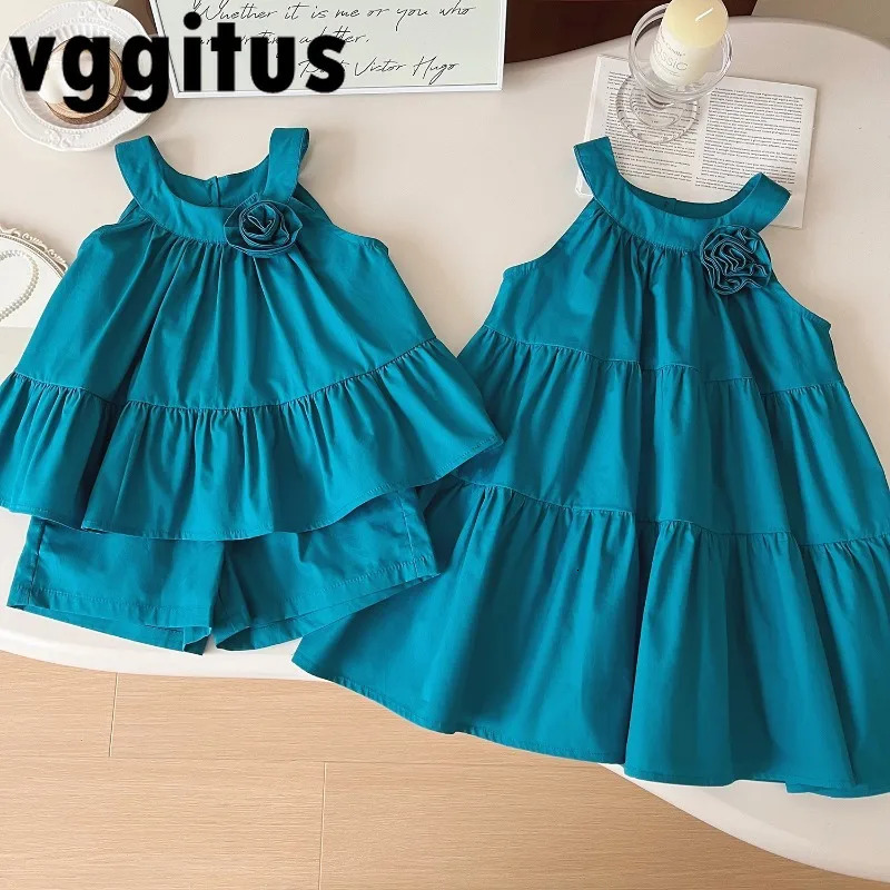 Summer Girls 3D Flowers Vest Dress Sleeveless Blouse Tops Shorts Sets Twin Sisters Family Matching Outfits A24297 250528