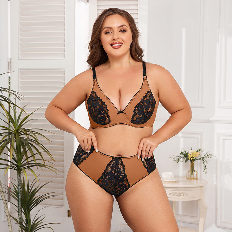 Gexifang E Cup Full Coverage Bra with Semi-Transparent Lace - Large Size Womens Underwear Set