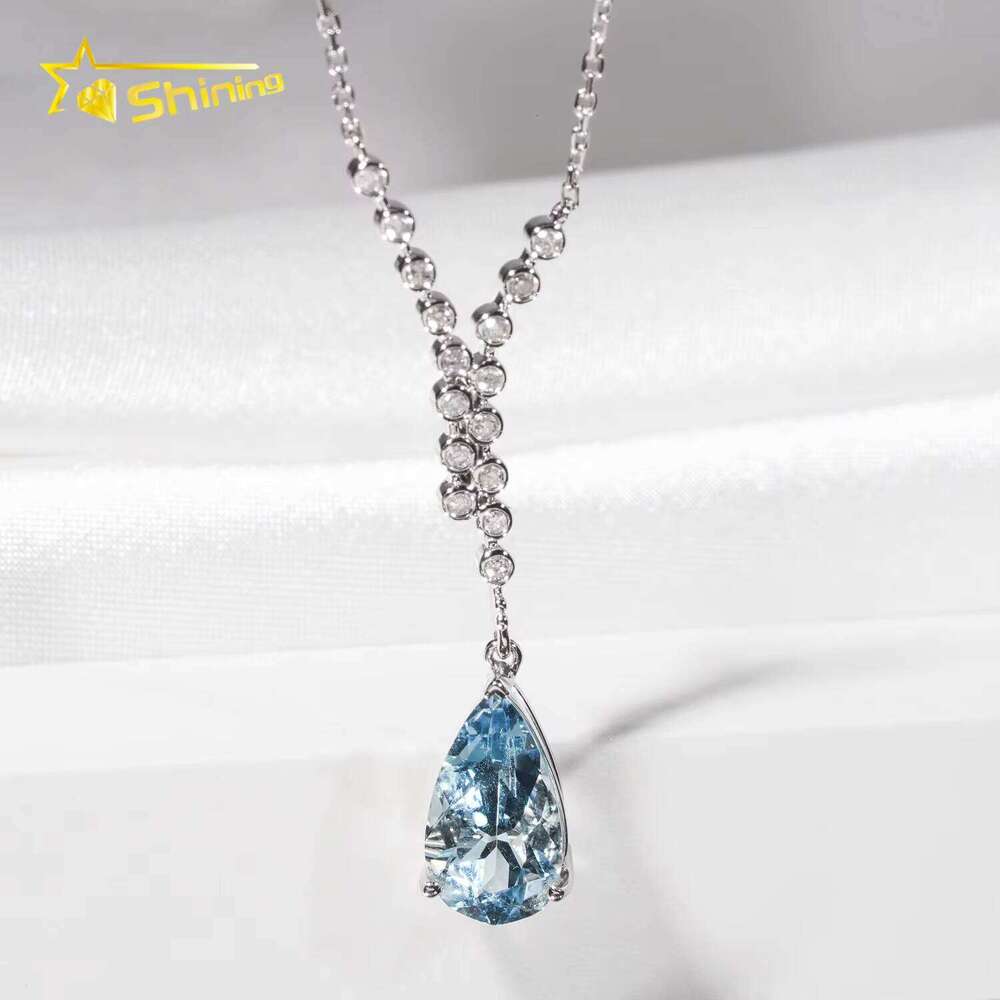 Trendy AU750 Solid Real Gold Dia Women Fine Jewelry Pear Cut Lab Sapphire Pendant Necklace