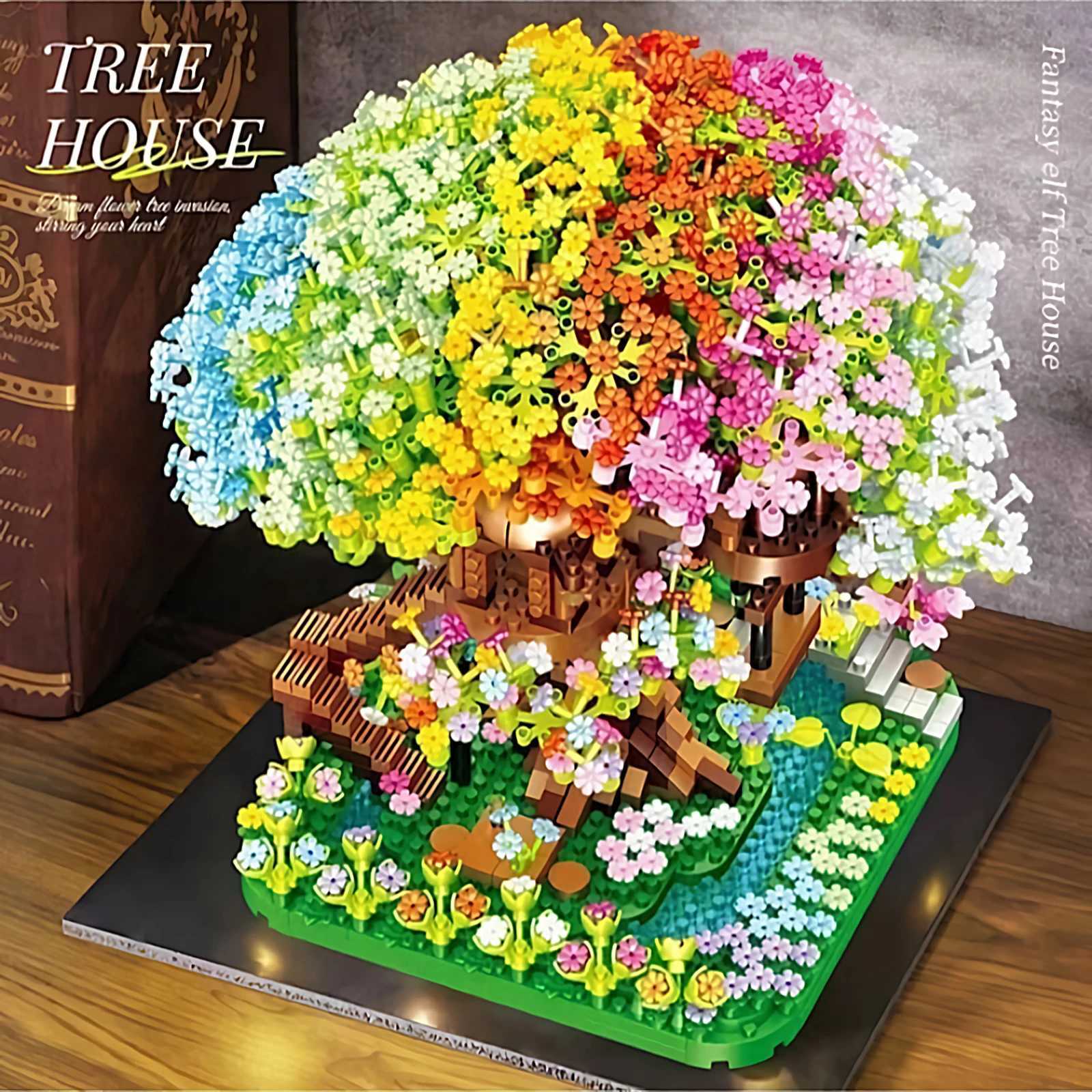 Mini Sakura Flower Building Blocks DIY Cherry Blossom Rainbow Treehouse Model Gift for Girls Kids Toys Free shipping