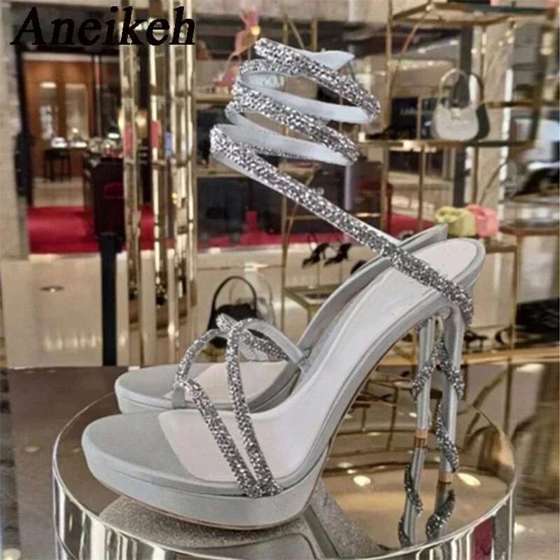 Aneikeh Water Dia Strap Sandals Women's Serpentine Wrapped Sexy Open Toe Thin Heel Waterproof Platform Shoes High Heels