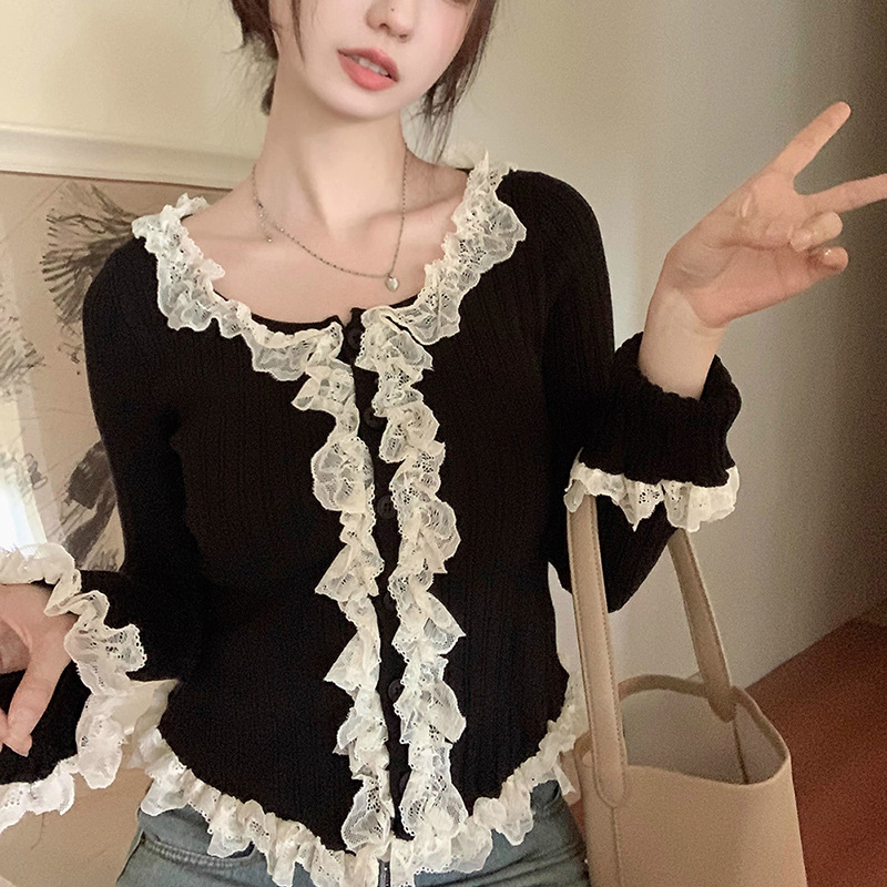 XR181 Gentle Style Pure Desire Knitted Small Cardigan Women's Spring and Autumn Lace Sweater Tea Break French Style