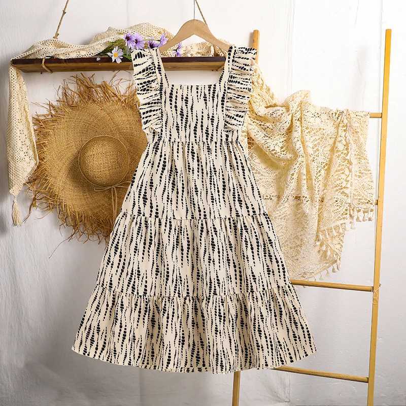 2025 New Summer Kids Clothing Beige Striped Square Neck Wing-Sleeve A-Line Dress For Girls Korean Style Daily Casual Set X250528