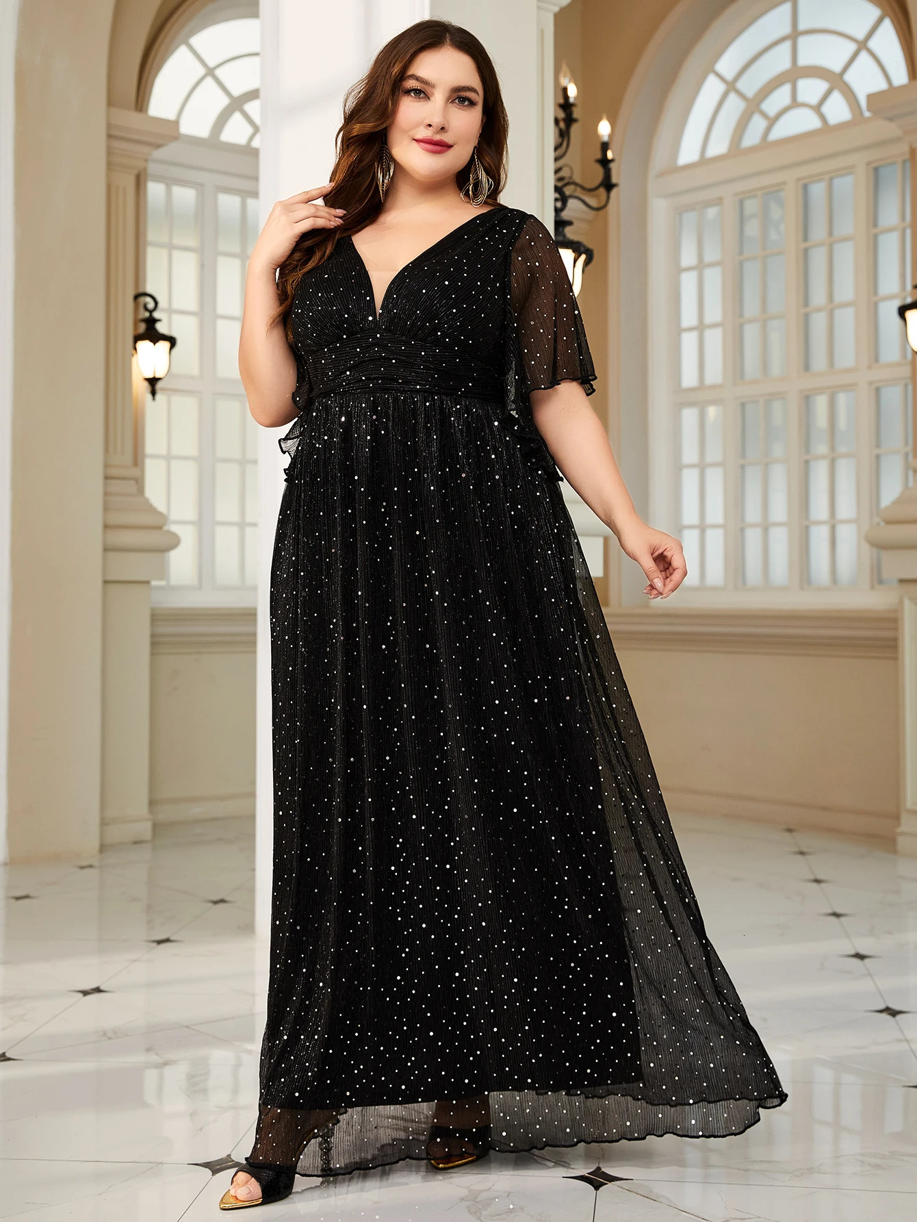 Unithorse Plus VNeck Waist Ruched Floral Sleeve Glitter Sequin Dress 250517