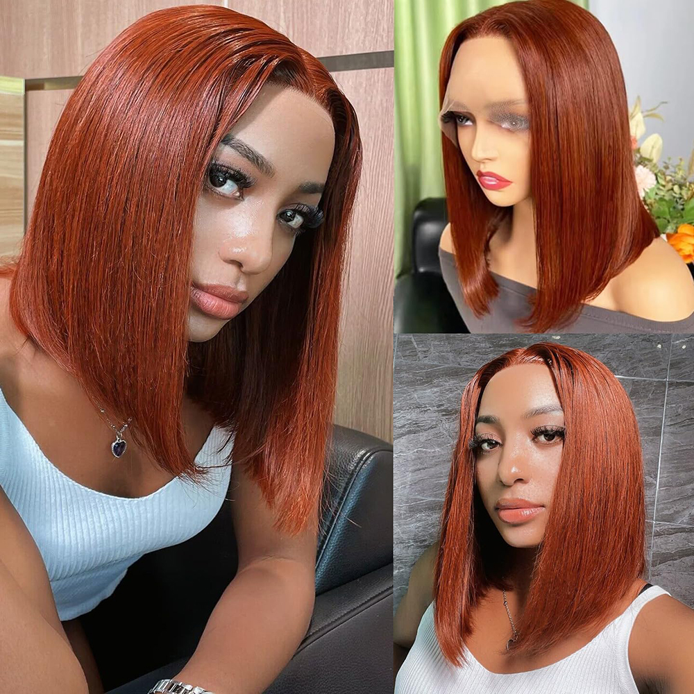 Brown Straight Short Bob Simulation Human Hair Wigs For Women 13x4 HD Glueless Lace Frontal Bob Wigs Reddish Brown Pre-Plucked 180% Density Synthetic 