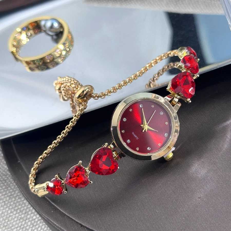 Ladies quartz watch with three heart-shaped diamond-encrusted bracelet round alloy case and mixed scale simple light luxury XJ250527