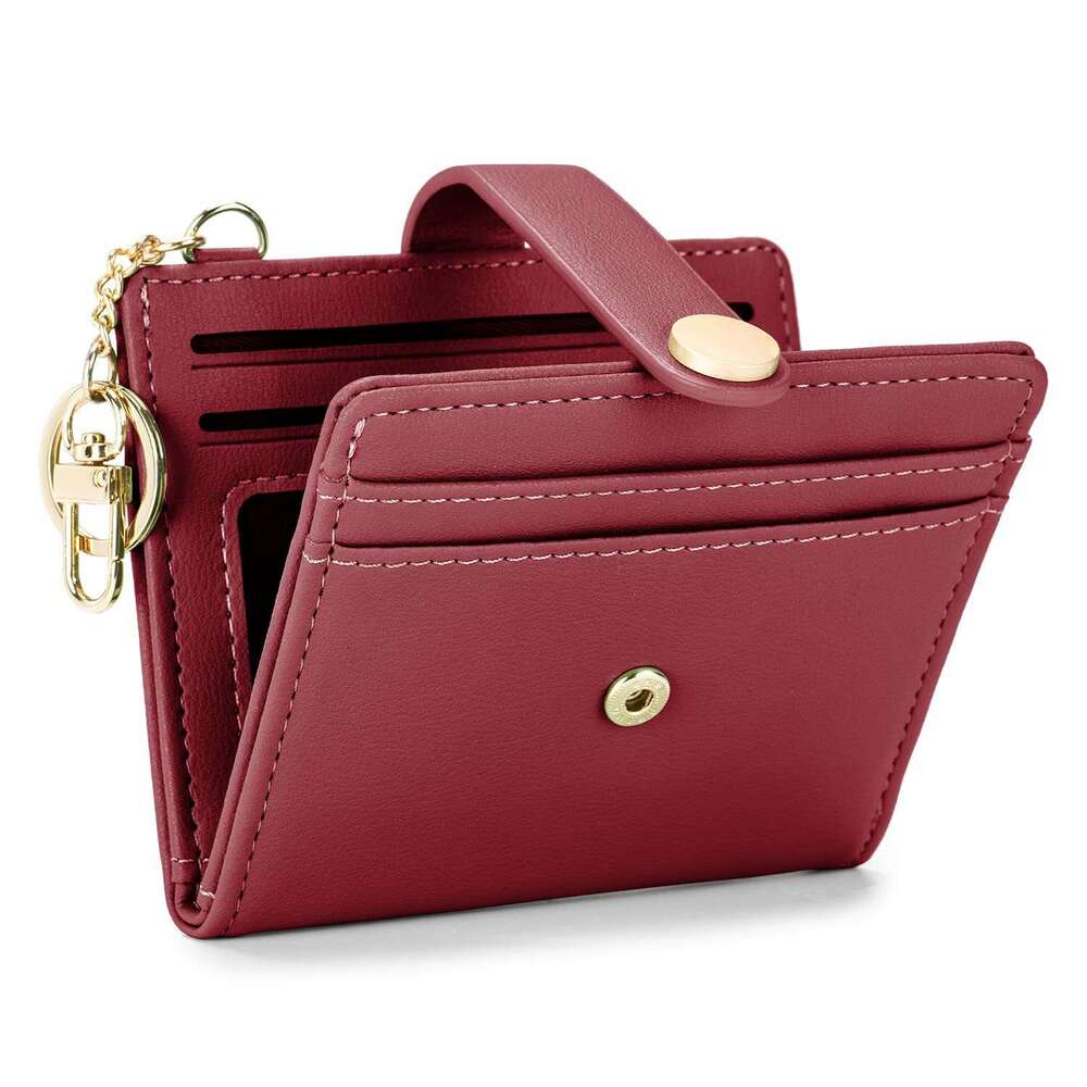 Bifold PU Leather Large Capacity Card Holder with Keychain Zipper ID Bag Multi-Card Slot Women's Ultra-Thin Wallet