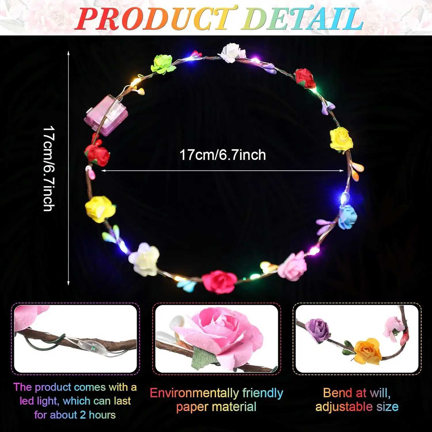 20/30/50/180Pcs Light up Flower Headband LED Flower Hair Crown Glowing Floral Wreath Crowns Birthday Wedding Party Favors W250528