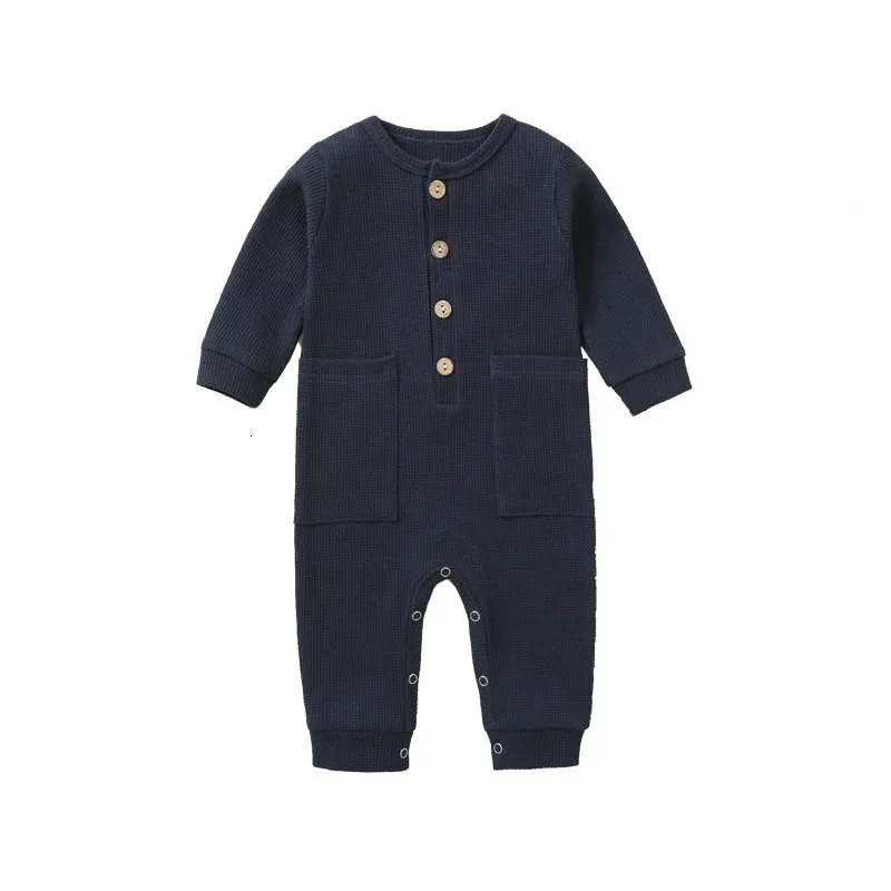 Spring Autumn born Baby Romper Cotton Solid Soft Infant Jumpsuit With Pocket Girl Boy Long Sleeve Bebe Pajamas Wodden Buttons 250528