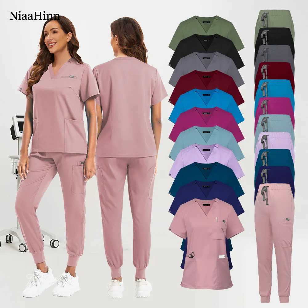 Scrubs Tops+jogger Pants Set Uniform Suit Short Slve V-neck Nursing Uniform Women Multicolor Pet Doctor Scrub Medical Workwear X2505281