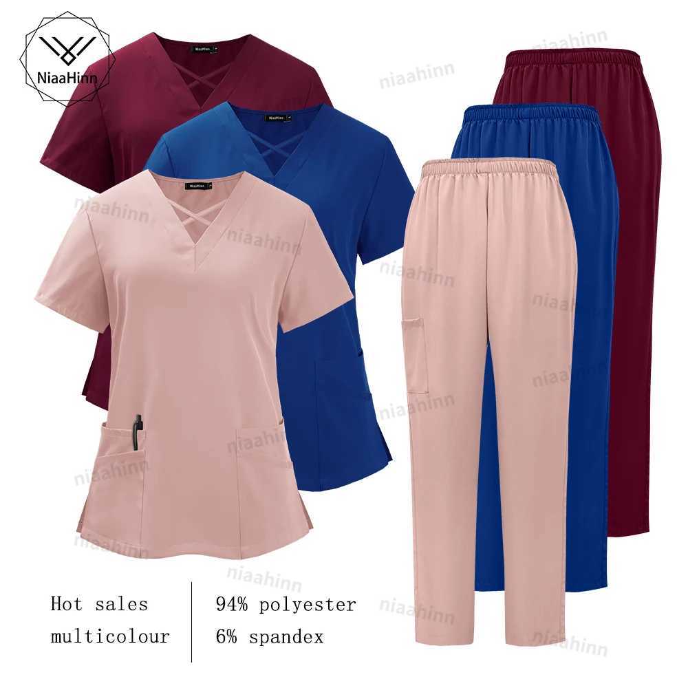 Niaahinn Medical Scrub Uniform Set Nursing Hospital Short Slves Top Pants Sets Nurse Uniform Fit Spandex Scrubs Suit X2505281