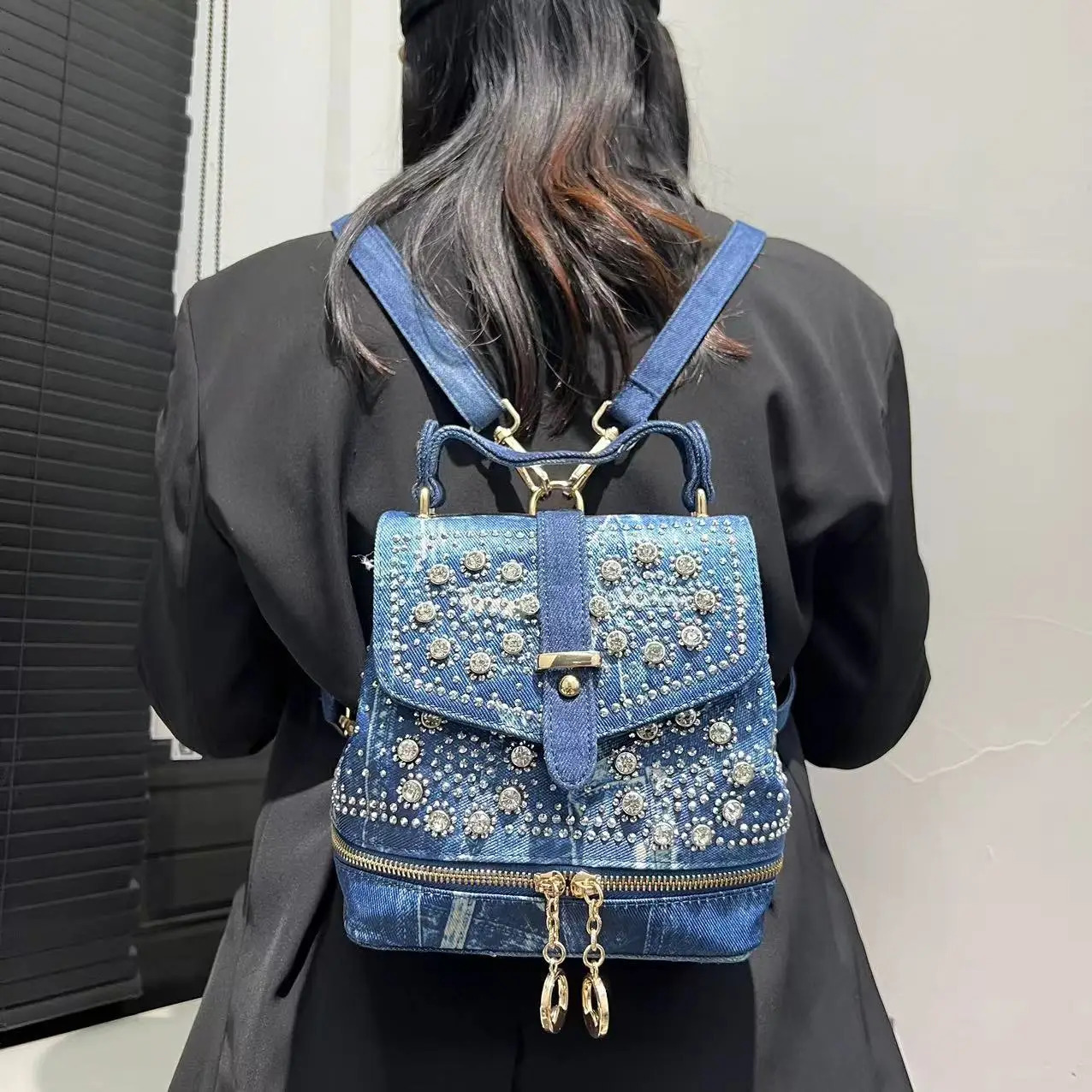 Womens Fashion Diamond Elegant Backpack Multifunctional Diamond Denim Shoulder Bag 250527