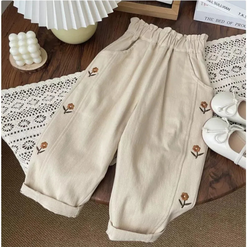 5396-1 Children Pants 2025 Spring and Autumn Girls Casual Pants Flower Embroidery Fashion Trousers 250528