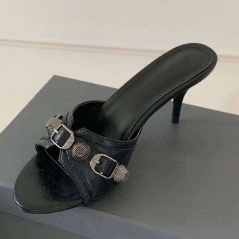 2025 Summer Women's Studded Black Slippers Sexy Spice Punk High Heels Party Shoes