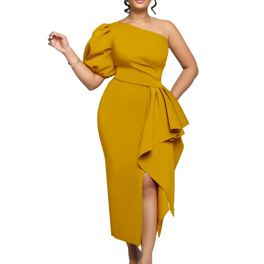 High - end dresses 2025 elegant waist - cinching puff sleeve off - shoulder banquet slit gown dresses Designer Luxury Dresses