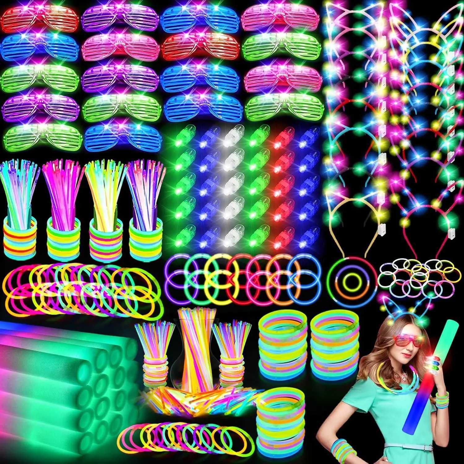 282 Pcs Neon Party Supplies 18 Foam Sticks 18 LED Glasses 200 Glow Sticks 30 Finger Lights 8 Bunny 8 Cat Ear Headbands W250528