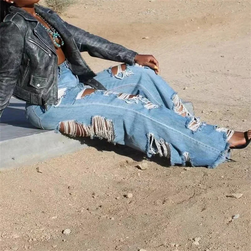 Fashion Front Back Large Holes Straight Jeans Female Casual High Waist Denim Pant Sexy Trend Streetwear Loose Trousers 24 250516Z