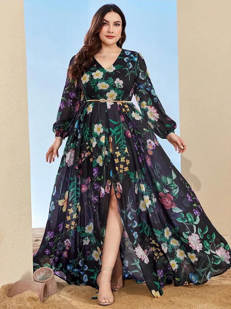 TOLEEN Women Plus Size Maxi Dresses Elegant Print Chiffon Dress With High Split Bohemian Aline Casual Fashion Bridesmaid 250517
