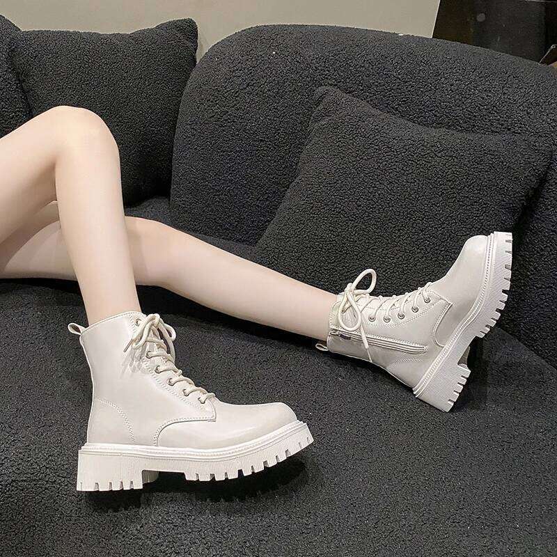 Women's 2024 Autumn/Winter New British Style Plush Fashion Thick Bottom Motorcycle Lace Comfort Zipper Snow Boots
