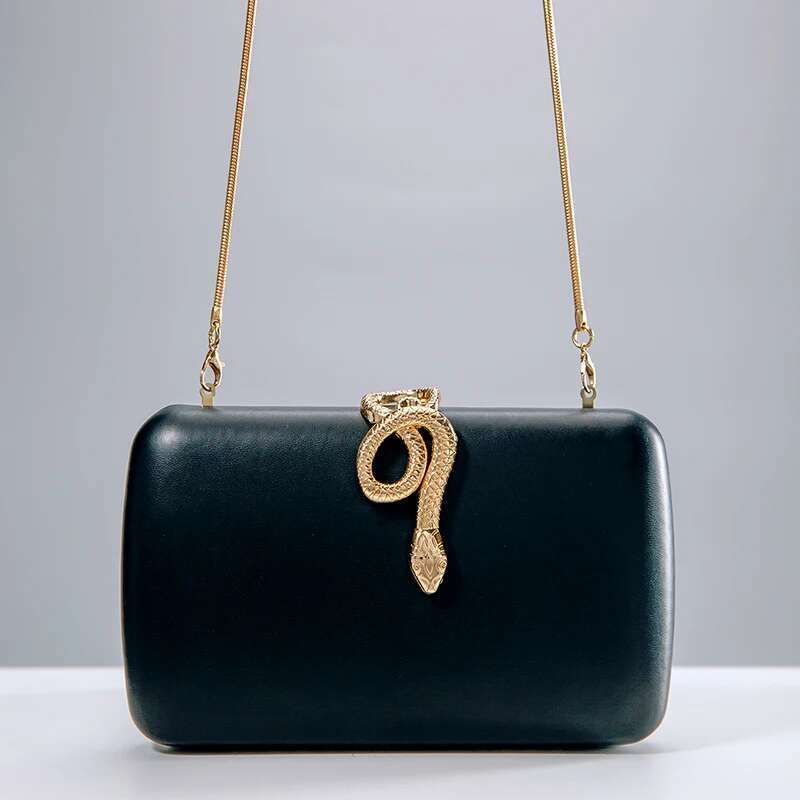 Classic Black Imitation Sheepskin PU Square Metal Snake Head Clutch Bag Can Be Worn Cross-Body, Suitable For Parties, Banquets,
