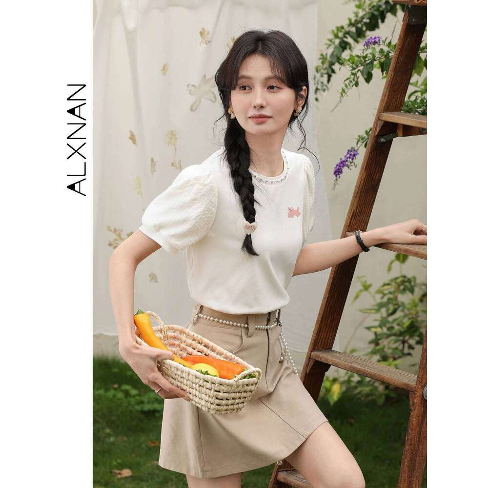 ALXNAN Women's Elegant Embroidered Beaded Short T-Shirt 2025 Summer Loose Boho Chic Puff Sleeve Top Ladies L53793