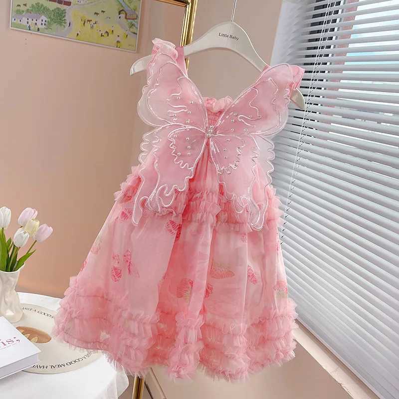Summer Girl Pink Dress with Wing Elegant Princess Tutu Dresses Stretch Bust Full Printing Butterfly Fluffy Birthday Ball Gown X250528