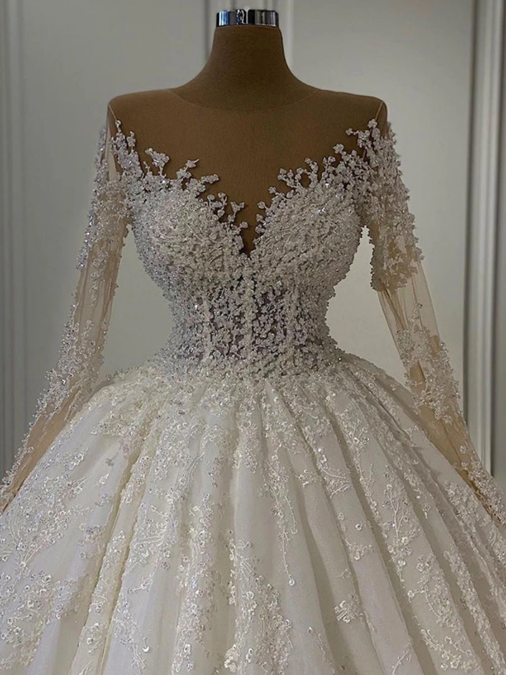 Illusion Ball Gown Wedding Dress Sheer Neck Long Sleeves Bridal Gowns Sequins Lace Sweep Train Dresses Customized vestidos de novia