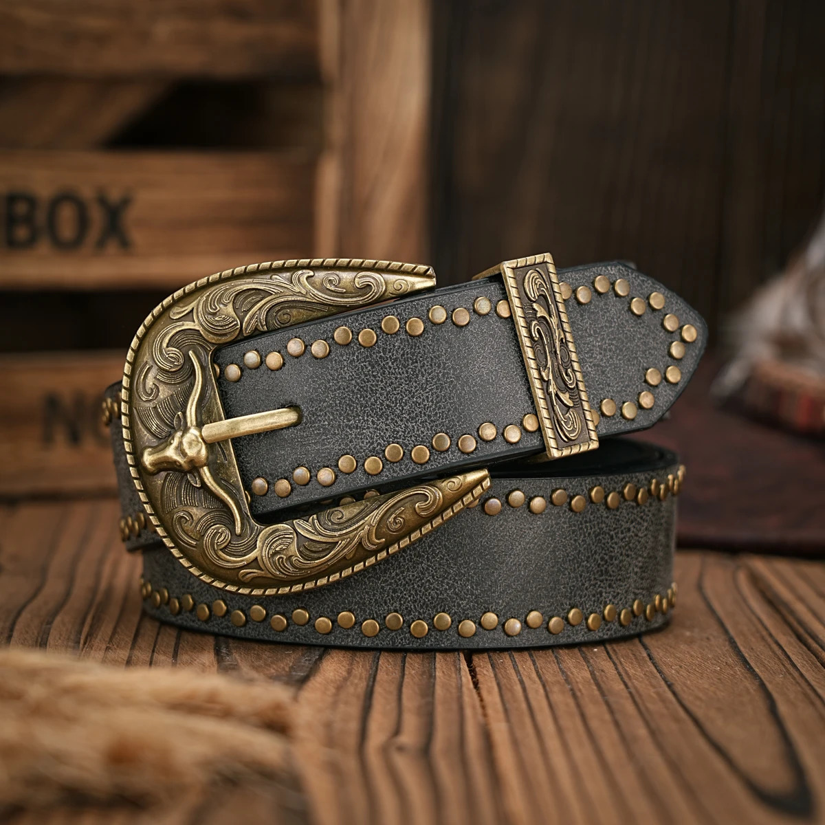 Men - Women - Western Denim - pu leather - Belt - Vintage jeans with floral carved buckle belt 250527