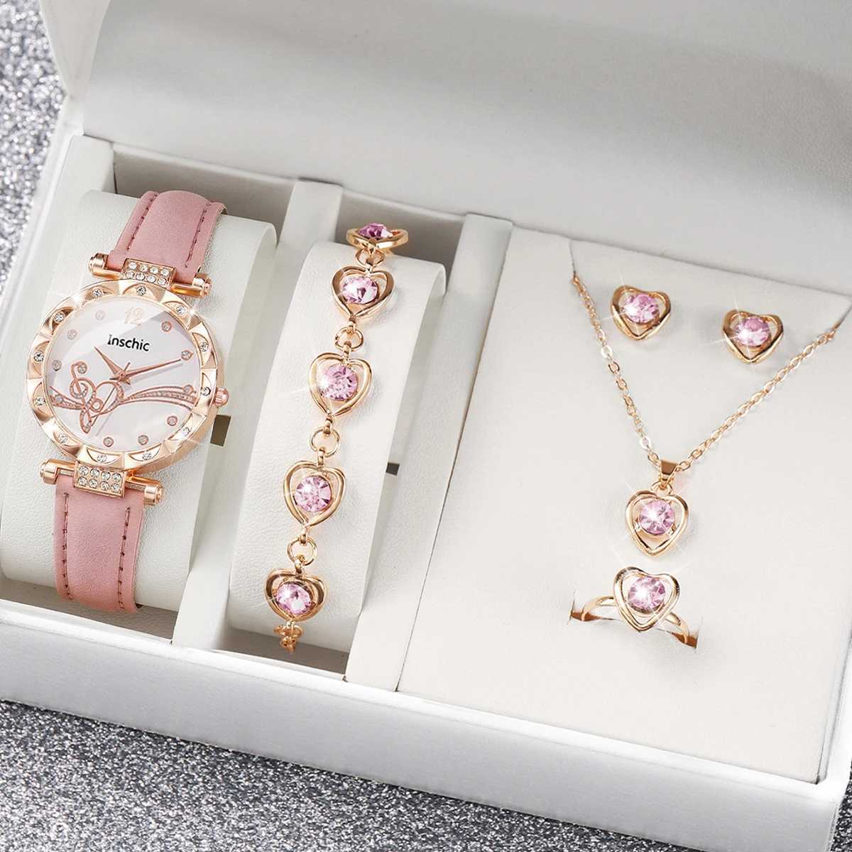6PCS/Set Fashion Rhinestone Womens Watch Leather Band Analog Quartz Watches Rhinestone Heart Jewelry Set(Without Box) XJ250527