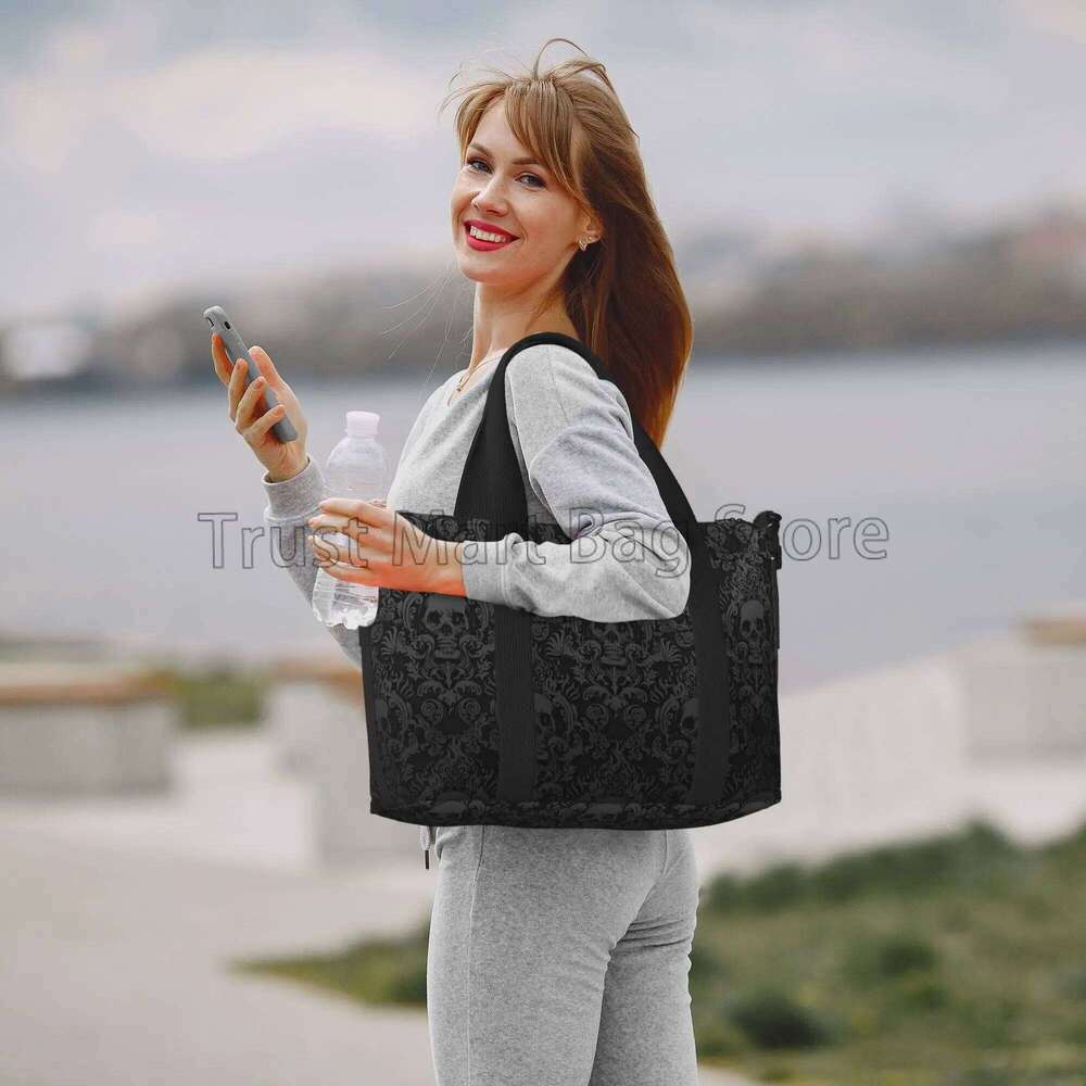 Gothic Black Skull Damask Print Hand Travel Multipurpose Weekender Bags Unisex Casual Waterproof Sports Yoga Lage Bag