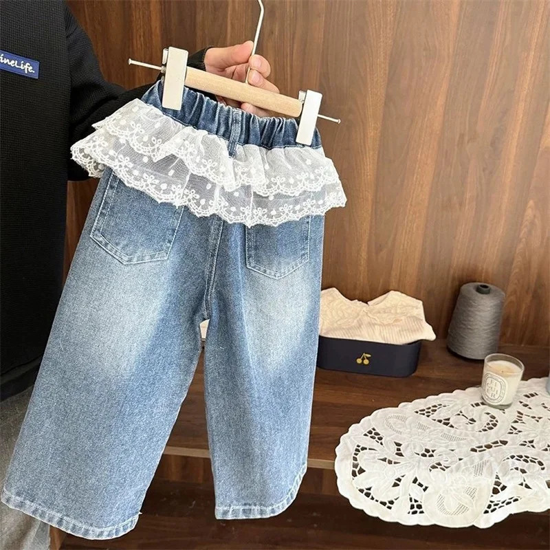 Childrens Girls Jeans Princess Lace Splicing Pants Girl Spring Fashion Trousers Kids Casual Autumn Clothing 210Y 250528