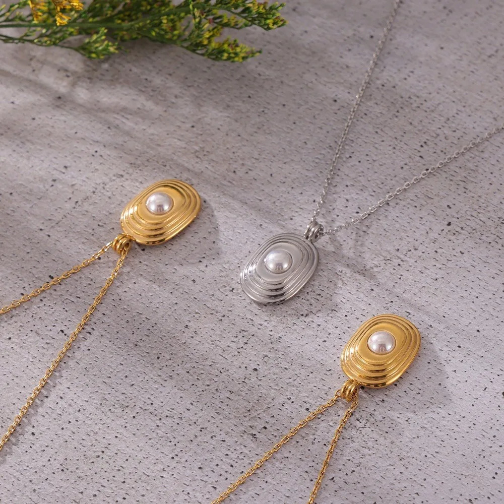 Fashion Necklace Stainless Steel Geometric n Multi Layered Pendant with Pearl Beads Light Style Jewelry for Women 250522