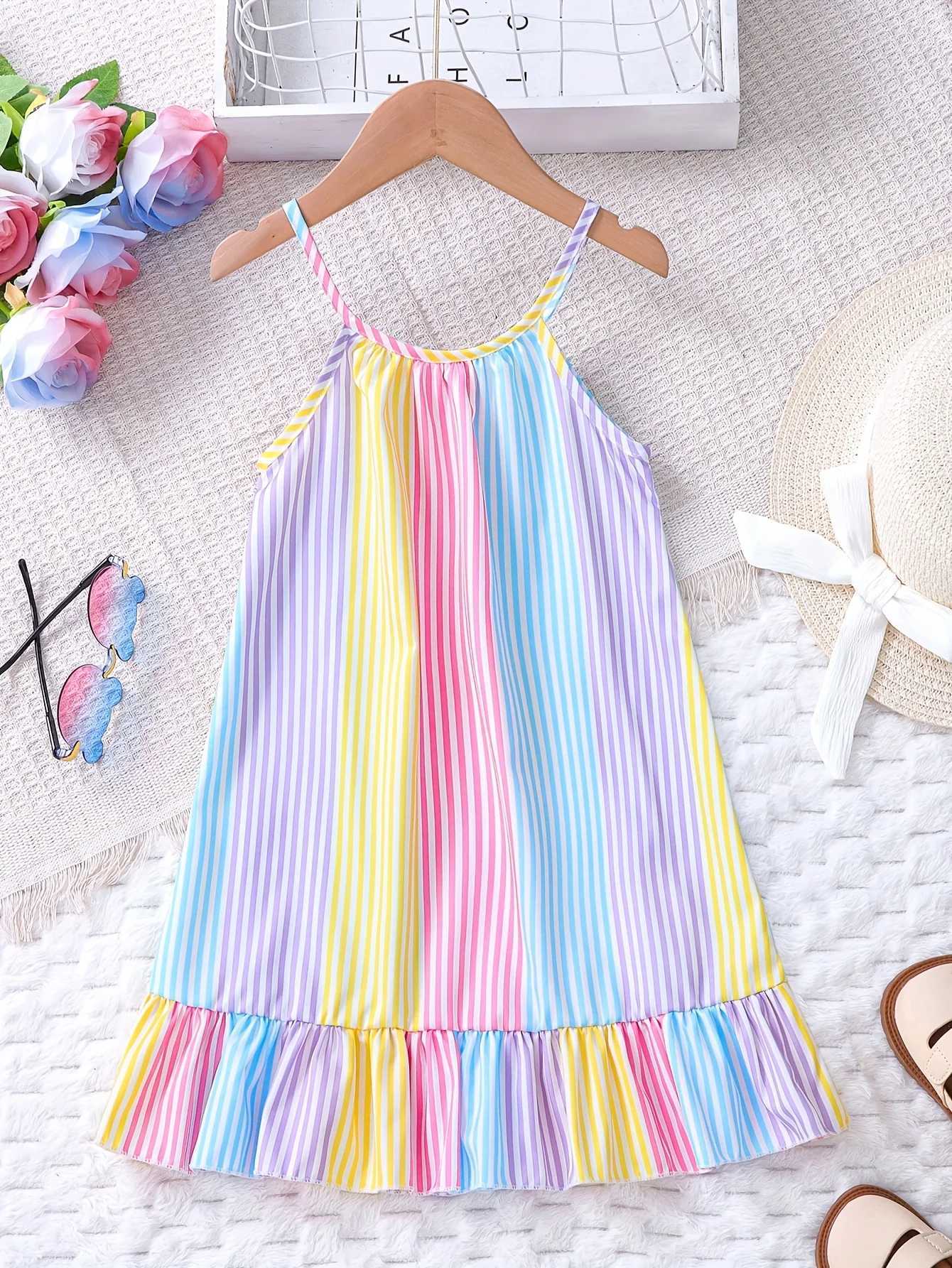 Girls Summer Colorful Striped Ruffle Hem Dress Childrens Summer Vacation Beach Play Suspender Dress X250528