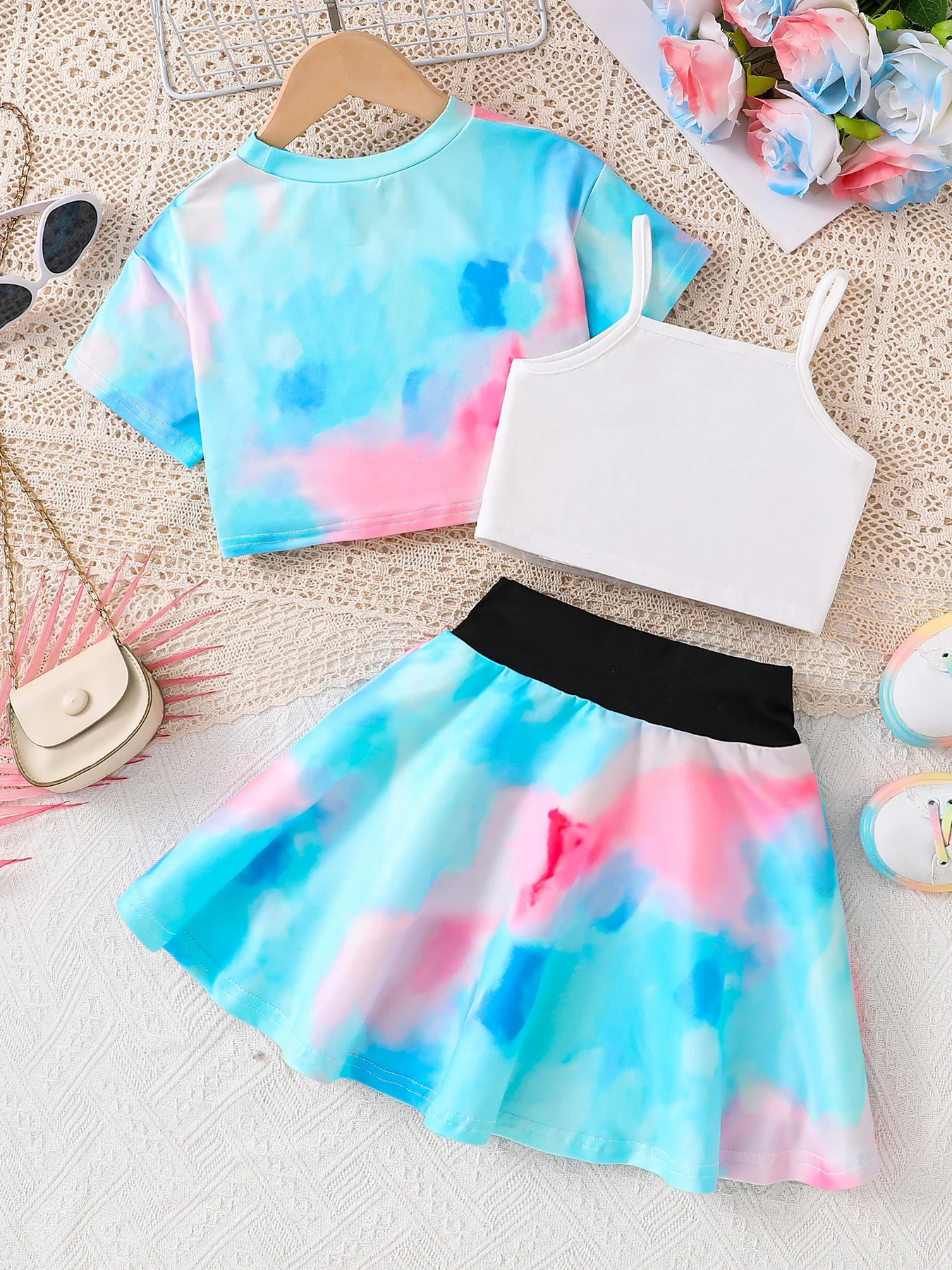summer girls fashion cool and breathable heart pattern halter print knitted short sleeve skirt 3piece set 250528