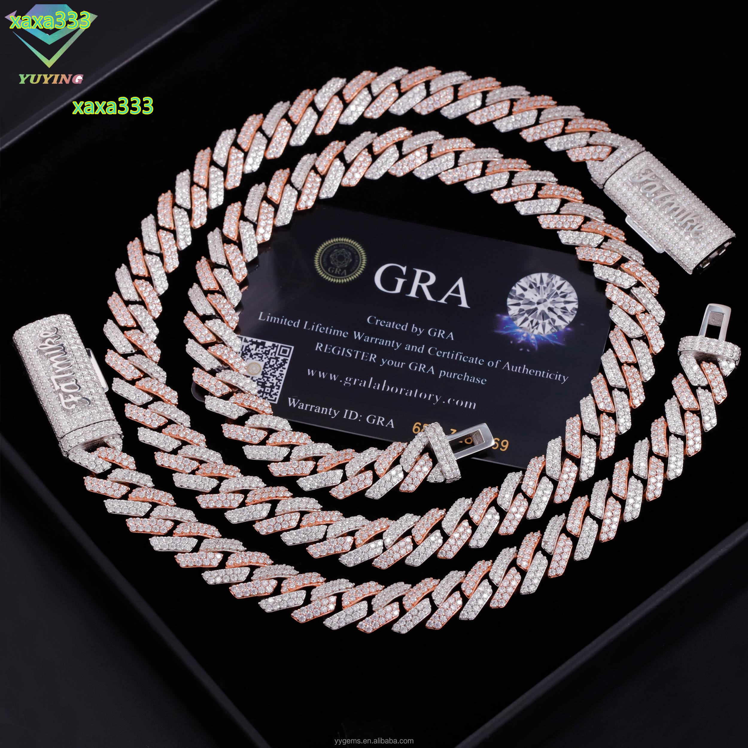 Factory Price 2 Tones White and Rose Gold 12mm 2rows Moissanite Diamond Chain High Quality S925 Silver Cuban Link Chain for Men