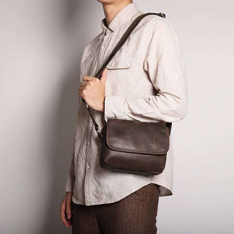 Real Men's Shoulder Vintage Daily Zipper Flap Phone Man Simple Bag Crazy Horse Leather Retro Sling Ba
