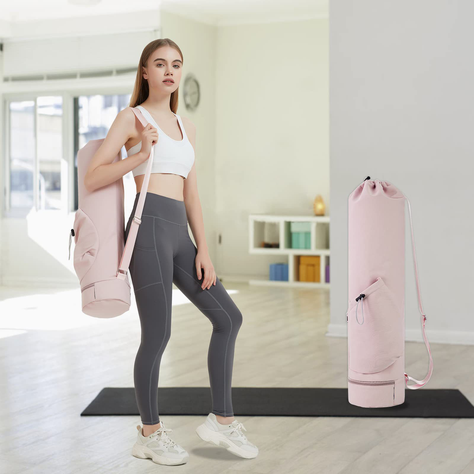 Yoga mat bag with water bottle pocket and bottom wet bag. Sports yoga mat with shoulder strap and multifunctional storage bag
