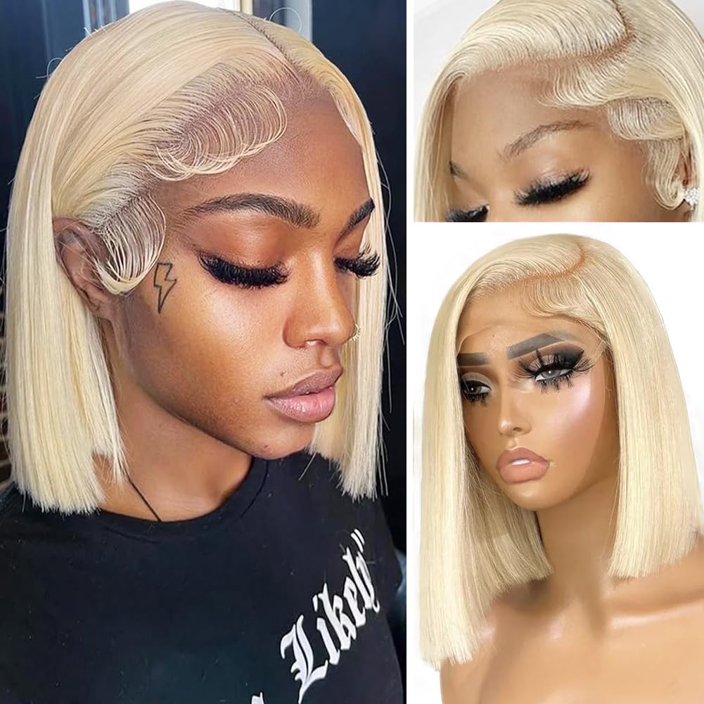 Brazilian Straight Short Bob Wig Black Simulation Human Hair 13x4 Lace Wigs Pre Plucked with Baby Hair Pre-Plucked 180% Density Lace Closure Synthetic