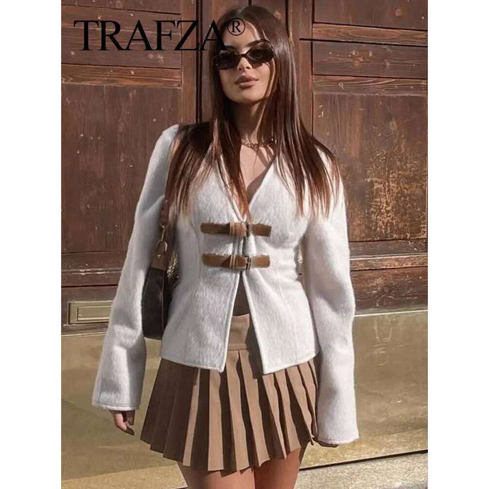TRAFZA Retro Leather Buckle Woolen Coat Women Fashion Solid V Neck Long Sleeve Beige Jacket Autumn Spring Chic Female Streetwear