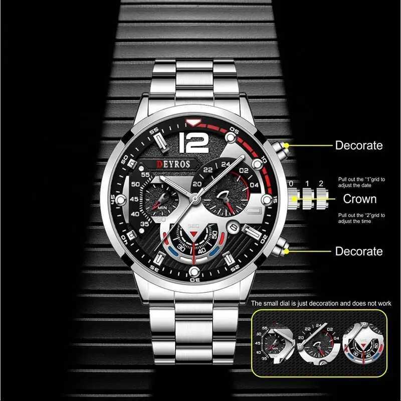 2pcs Luxury Mens Silver Quartz Watch With Stainless Steel Bracelet Men Fashion Business Casual Watch Luminous Clock XJ250527