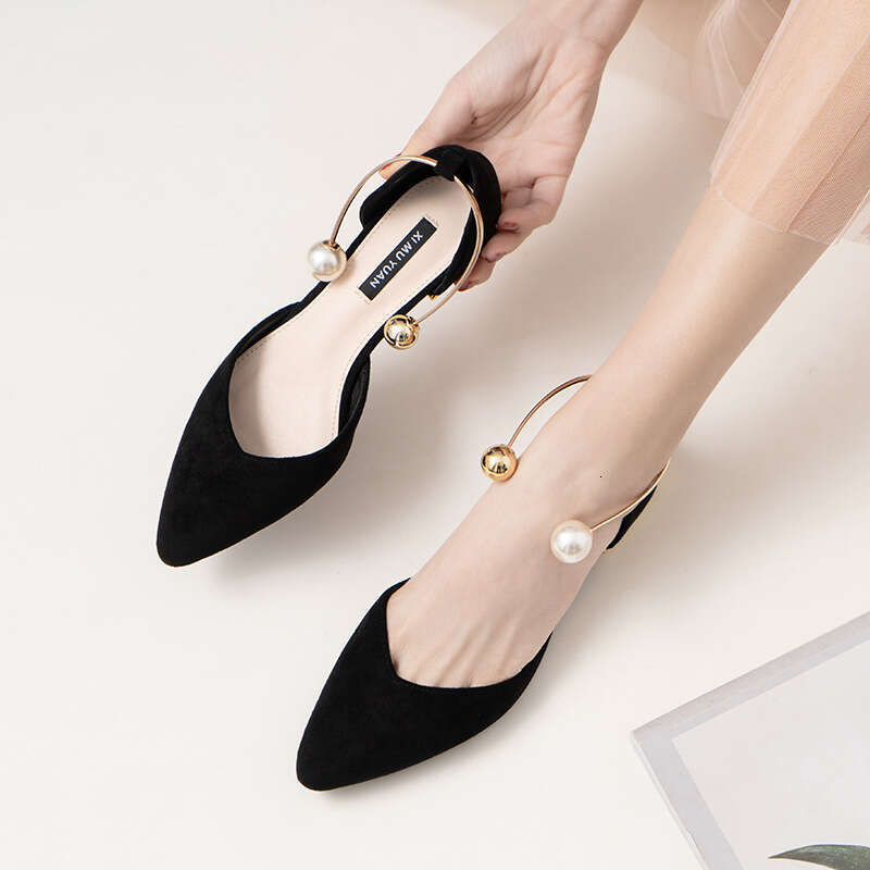 2025 Hot Hot Spring New Single Women's Pearl Ring Metal Heel Hollow Pointed Shallow Mouth Flat Bottom Shoes