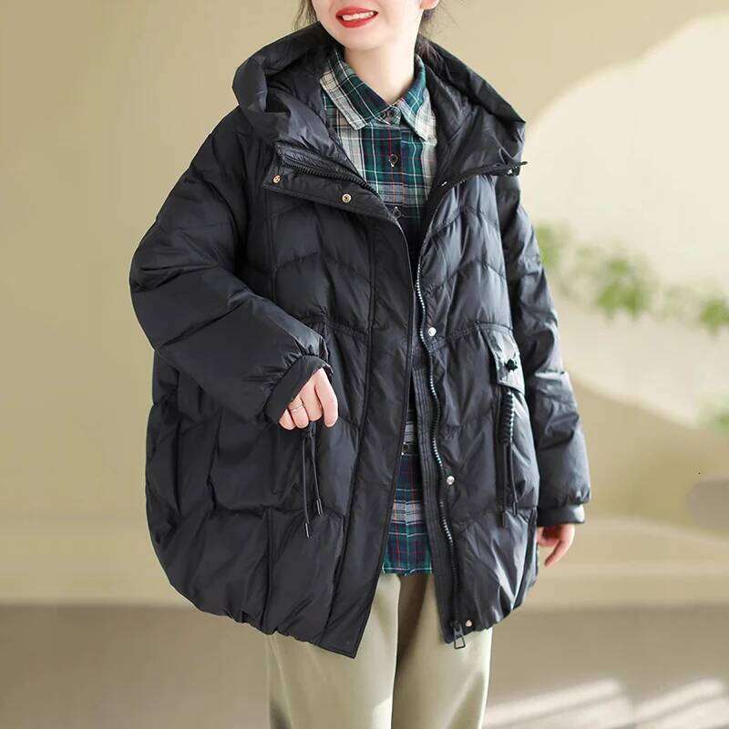 Schinteon Women Jacket Casual Loose Over Size Autumn Winter Outwear White Duck Down Warm Thick Coat with Hood New