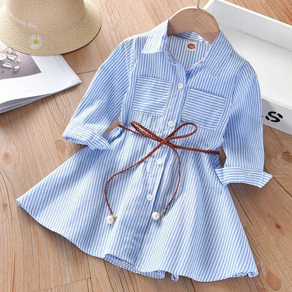 2024 Girls Fashion Clothes for Spring Autumn Striped Shirt Design with Belt Stylish and Comfortable Dress Girls Casual Dresses X250528