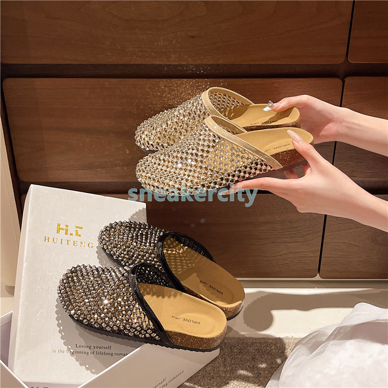 designer shoes summer slides one-piece sandals slip-on slippers netted rhinestone fairy-style platform beading sliders outdoor casual half-slipper fas