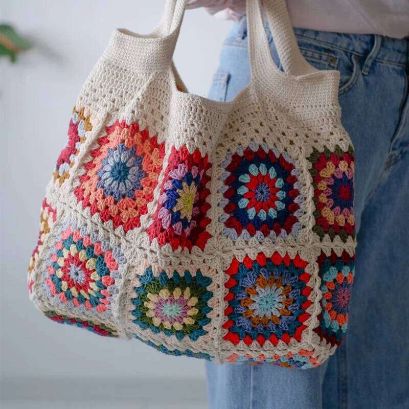 Designer Bag Colorful Boho Chic Granny Square Crochet Woven Handbags For Women Beige Blue Market Bag Vintage Style Hippie Summer Beach Purse