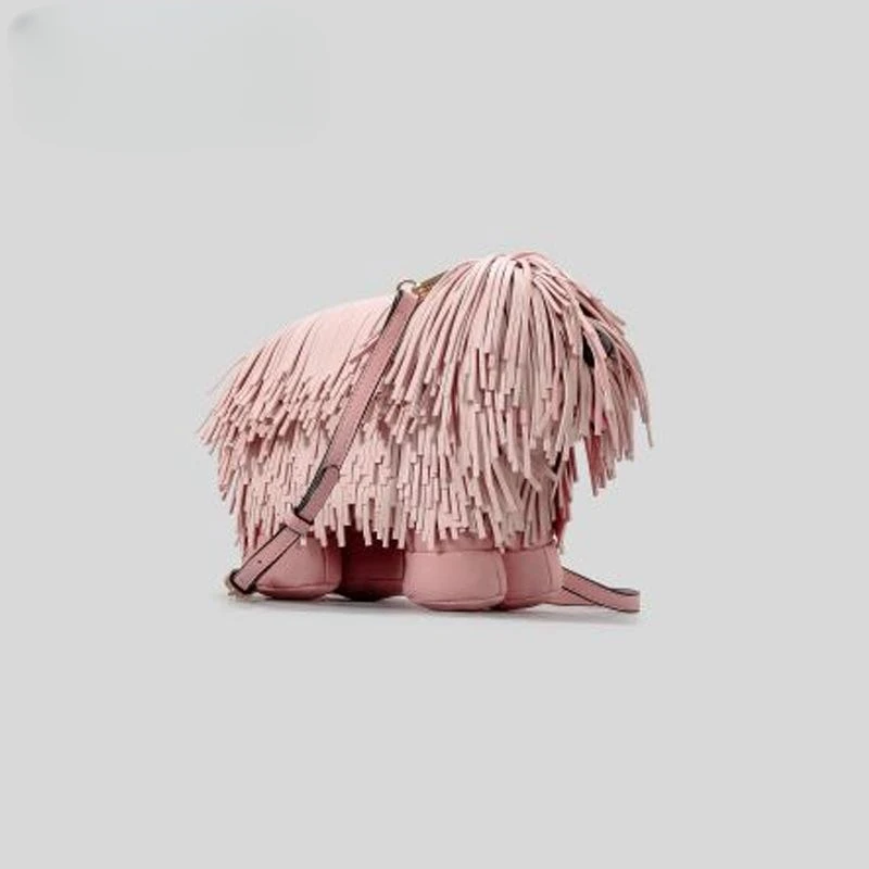 Fashion Creative Cute Tassel Pine Lion Dog Shape Shoulder Bag Adult Funny Stylish PU Handbag Unisex Shepherd Dog Messenger Bag