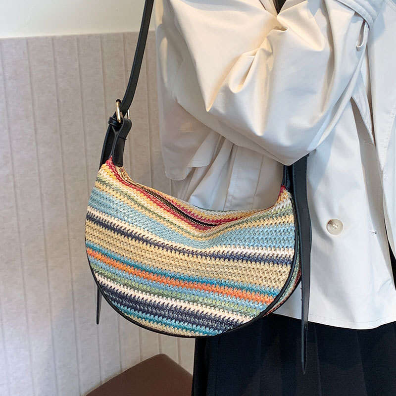 New Fashion Rainbow Straw Tote For Women Casual Versatile Chic Pastoral Style Shoulder Crossbody Bag