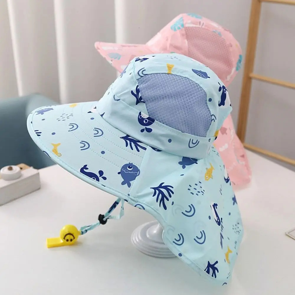 Summer Baby Sun Hat Bucket Cap With Whistle For Girls Boys Outdoor Neck Ear Cover Anti UV Kids Beach Caps 250528