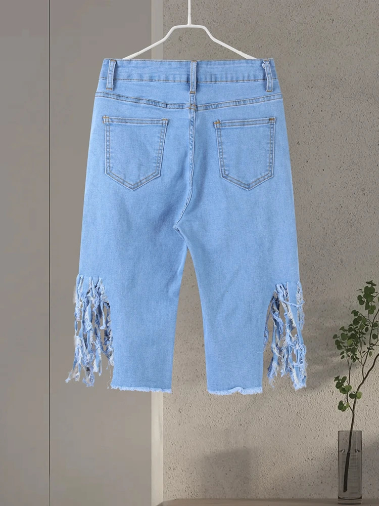 Knee Length Short Jean Chic Washed Tassel Ripped High Waist Holes Denim Pant Spliced Pockets Skinny Distressed Streetwear 250516Z